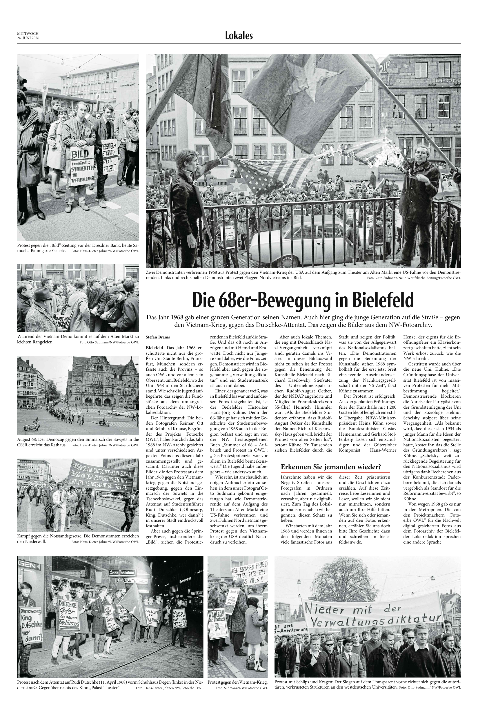 Zeitungsseite der Neuen Westfälischen vom 24. Juni 2026 mit historischen Fotos der 68er-Bewegung in Bielefeld