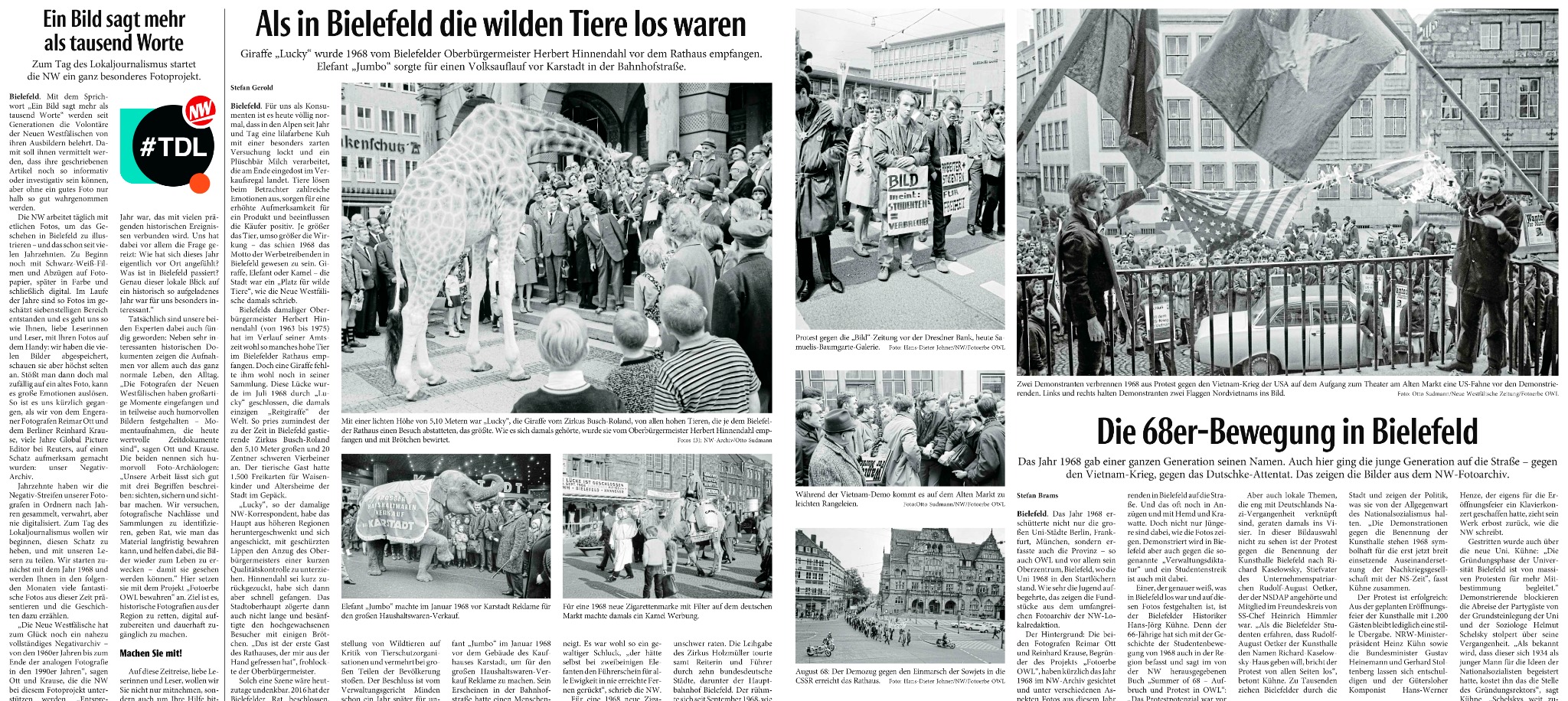 Presseseiten-Collage mit Artikeln zur Neuen Westfälischen und zur 68er-Bewegung in Bielefeld